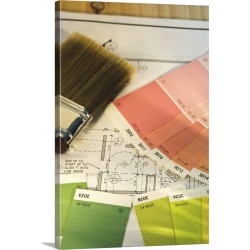 Large Solid-Faced Canvas Print Wall Art Print 20 x 30 entitled Close up of blueprint and painting supplies
