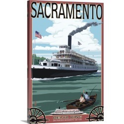 Large Gallery-Wrapped Canvas Wall Art Print 16 x 24 entitled Delta King Riverboat - Sacramento, CA: Retro Travel Poster