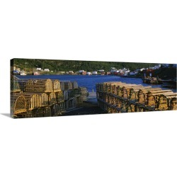 Large Gallery-Wrapped Canvas Wall Art Print 30 x 10 entitled Stack of lobster traps on the coast, Salvage, Newfoundland & ..