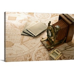 Large Gallery-Wrapped Canvas Wall Art Print 30 x 20 entitled Antique camera and world map