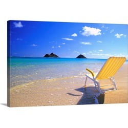 Large Solid-Faced Canvas Print Wall Art Print 30 x 20 entitled Hawaii, Oahu, Lanikai Beach, Empty Yellow Beach Chair