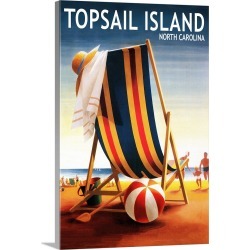 Large Solid-Faced Canvas Print Wall Art Print 20 x 30 entitled Topsail Island, North Carolina, Beach Chair and Ball