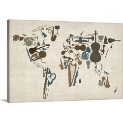 Large Gallery-Wrapped Canvas Wall Art Print 24 x 16 entitled World map made up of Musical Instruments