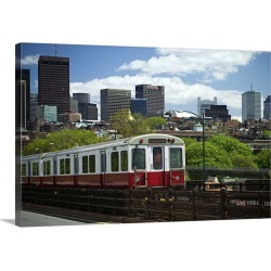Large Gallery-Wrapped Canvas Wall Art Print 24 x 16 entitled A train with Boston skyline background