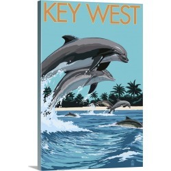 Large Gallery-Wrapped Canvas Wall Art Print 16 x 24 entitled Key West, Florida - Dolphins Swimming: Retro Travel Poster