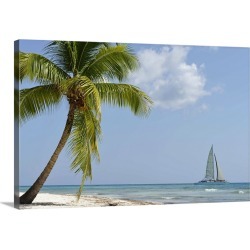 Large Solid-Faced Canvas Print Wall Art Print 30 x 20 entitled Sailboat passing by tropical beach