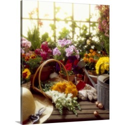 Large Gallery-Wrapped Canvas Wall Art Print 16 x 20 entitled Gardener's workbench with various flowers.