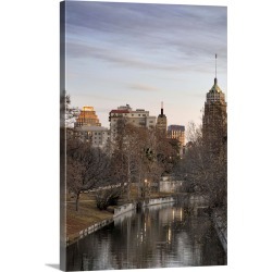 Large Gallery-Wrapped Canvas Wall Art Print 16 x 24 entitled Downtown San Antonio and Riverwalk in winter at dawn.