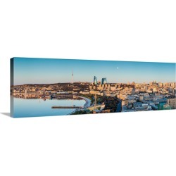 Large Solid-Faced Canvas Print Wall Art Print 48 x 16 entitled Azerbaijan, Baku, High Angle City Skyline, From The North