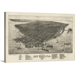 Large Gallery-Wrapped Canvas Wall Art Print 24 x 16 entitled Vintage Birds Eye View Map of Key West, Florida