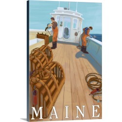 Large Gallery-Wrapped Canvas Wall Art Print 16 x 24 entitled Maine - Lobster Fishing: Retro Travel Poster