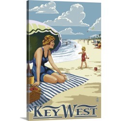 Large Gallery-Wrapped Canvas Wall Art Print 16 x 24 entitled Key West, Florida - Beach Scene: Retro Travel Poster