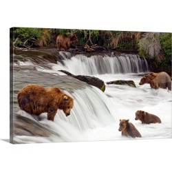 Large Gallery-Wrapped Canvas Wall Art Print 30 x 20 entitled Grizzly bears fish at Brooks Falls in Katmai National Park, A...
