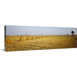 Large Gallery-Wrapped Canvas Wall Art Print 36 x 12 entitled Hay bales in a field, Indiana