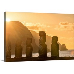 Large Solid-Faced Canvas Print Wall Art Print 30 x 20 entitled Chile, Valparaiso, Easter Island, Ahu Tongariki Moai at sun...