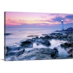 Large Gallery-Wrapped Canvas Wall Art Print 24 x 16 entitled Lighthouse On Rocky Coastline At Sunset