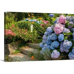 Large Gallery-Wrapped Canvas Wall Art Print 24 x 16 entitled Flowers in a Cape Cod garden with stone steps