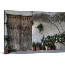 Large Solid-Faced Canvas Print Wall Art Print 30 x 20 entitled Old door decoration rustic pots Large Solid-Faced Canvas Print Wall Art Print 30 x 20 entitled Old door decoration rustic pots