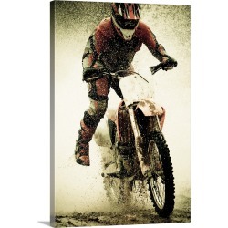 Large Solid-Faced Canvas Print Wall Art Print 20 x 30 entitled Dirt bike rider splashes through water filled stream