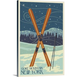 Large Solid-Faced Canvas Print Wall Art Print 20 x 30 entitled Gore Mountain, New York - Crossed Skis - Letterpress: Retro...