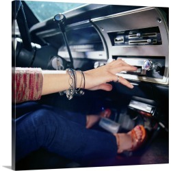 Large Gallery-Wrapped Canvas Wall Art Print 16 x 16 entitled Woman Using Car Stereo