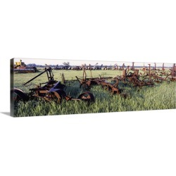 Large Gallery-Wrapped Canvas Wall Art Print 36 x 12 entitled Old farm equipment in a field, Kansas