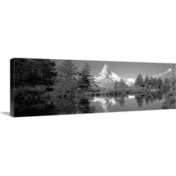 Large Gallery-Wrapped Canvas Wall Art Print 30 x 10 entitled Reflection of trees and mountain in a lake, Matterhorn, Switz...