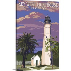 Large Gallery-Wrapped Canvas Wall Art Print 16 x 24 entitled Key West Lighthouse, Florida Sunset Scene: Retro Travel Poster