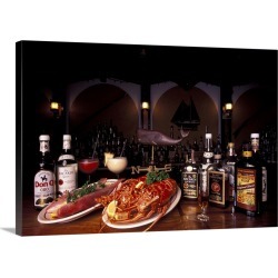 Large Solid-Faced Canvas Print Wall Art Print 30 x 20 entitled Traditional food in Puerto Rico, lobster, fish, and rum