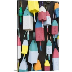 Large Solid-Faced Canvas Print Wall Art Print 20 x 30 entitled Bar Harbor, Maine, colorful buoys on wall for sale