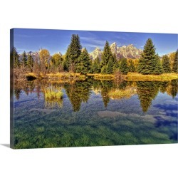 Large Gallery-Wrapped Canvas Wall Art Print 24 x 16 entitled Reflection of trees and landscape, Grand Teton National Park,...
