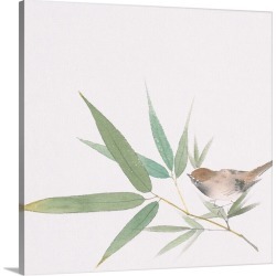 Large Solid-Faced Canvas Print Wall Art Print 20 x 20 entitled A sparrow and bamboo leaves