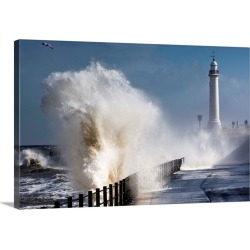 Large Gallery-Wrapped Canvas Wall Art Print 24 x 16 entitled Waves Crashing By Lighthouse At Sunderland, Tyne And Wear, En...