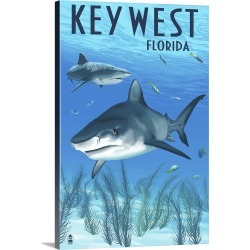 Large Gallery-Wrapped Canvas Wall Art Print 16 x 24 entitled Key West, Florida - Sharks : Retro Travel Poster