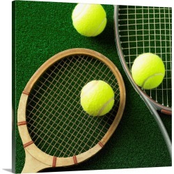 Large Solid-Faced Canvas Print Wall Art Print 20 x 20 entitled Tennis Racket And Tennis Ball