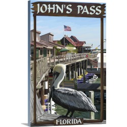 Large Solid-Faced Canvas Print Wall Art Print 20 x 30 entitled John's Pass, Florida - Pelican and Dock: Retro Travel Poster