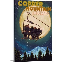 Large Solid-Faced Canvas Print Wall Art Print 20 x 30 entitled Copper Mountain, Colorado - Ski Lift and Full Moon: Retro T...