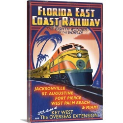 Large Gallery-Wrapped Canvas Wall Art Print 16 x 24 entitled Key West, Florida - East Coast Railway: Retro Travel Poster