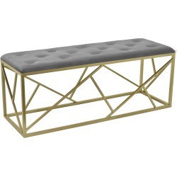 Tufted Gray Upholstered Bench with a Gold Metal Base