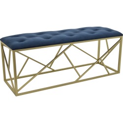 Tufted Blue Upholstered Bench with a Gold Metal Base