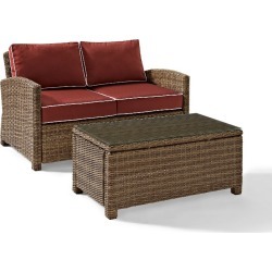 Sangria and Brown Wicker Patio Furniture Loveseat and Table. Sangria and Brown Wicker Patio Furniture Loveseat and Table.