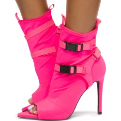 Carmy-18 Lycra Strap Heels Neon Pink Lycra