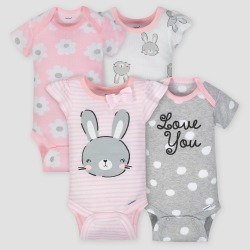 Gerber Baby Girls' 4pk Bunny Short Sleeve Onesies Bodysuit - Pink/Gray Newborn