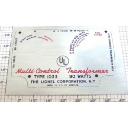 Lionel 1033-25S Transformer Nameplate Sticker Label