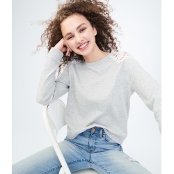 Aeropostale Solid Crochet-Shoulder Sweatshirt - Light Heather Grey, Small