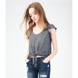Aeropostale Solid Tie-Front Tee - Charcoal Heather, Small