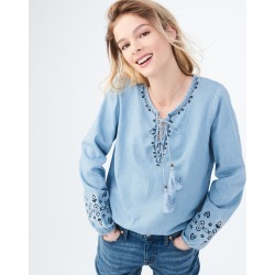 Aeropostale Long Sleeve Embroidered Chambray Top - Chambray, Large