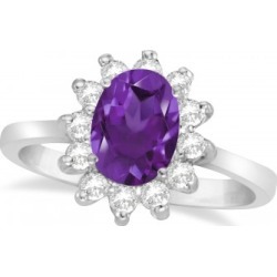 Lady Diana Oval Amethyst & Diamond Ring 14k White Gold (1.50 ctw)