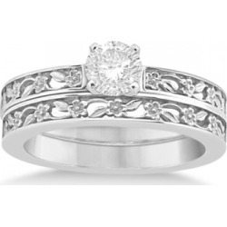 Flower Carved Solitaire Engagement Ring & Wedding Band 18kt White Gold