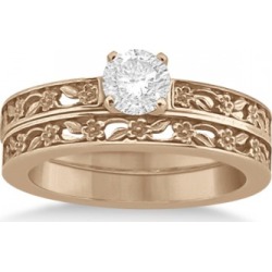 Flower Carved Solitaire Engagement Ring & Wedding Band 14kt Rose Gold